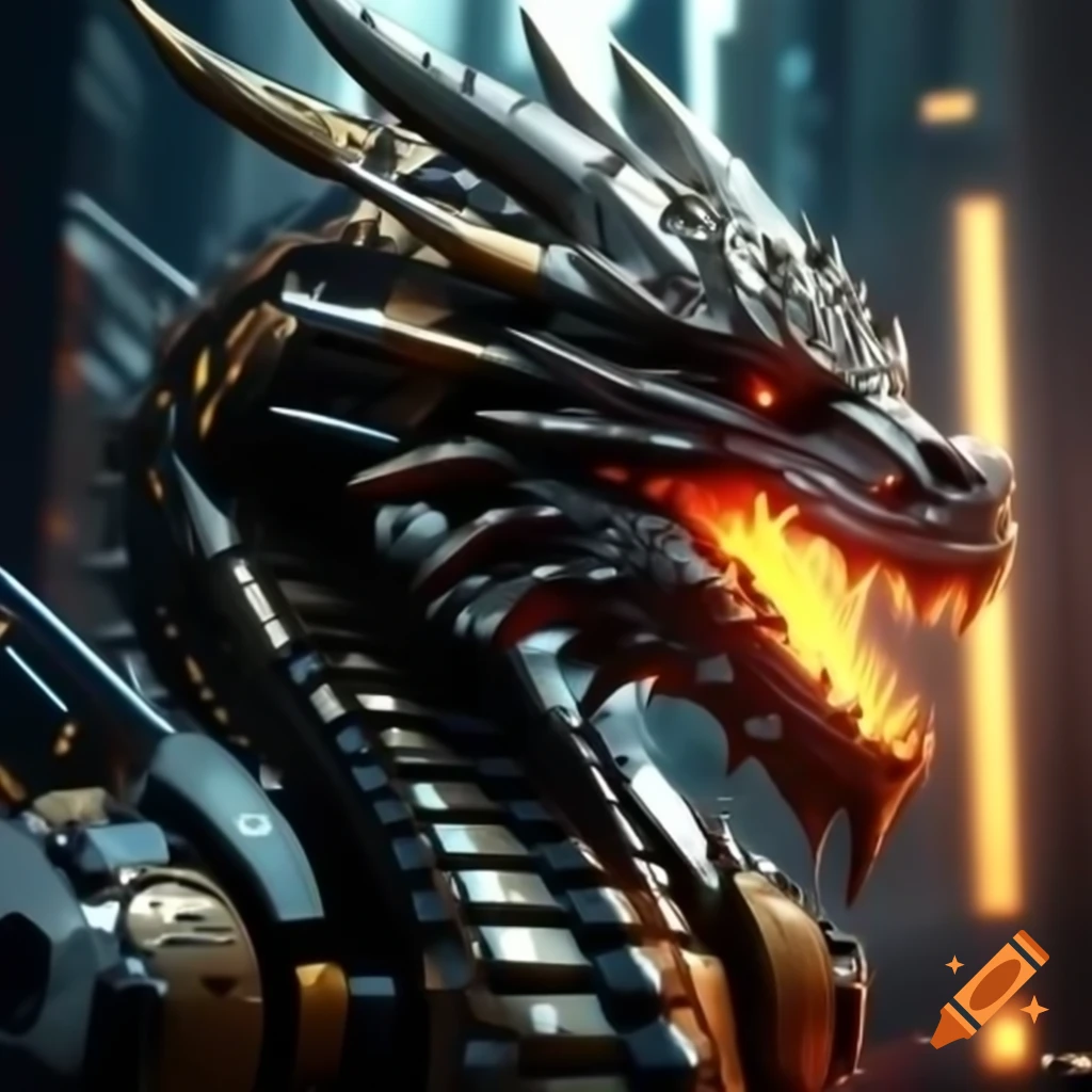 Robotic dragon with mechanical body and fiery breath in futuristic city