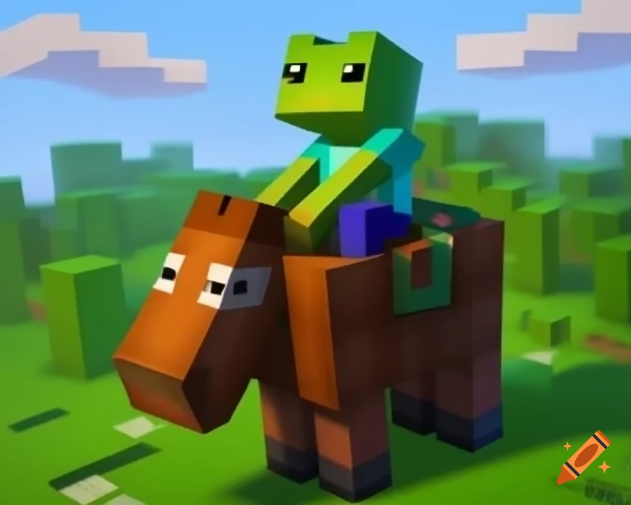 Frog riding a horse in Minecraft game environment