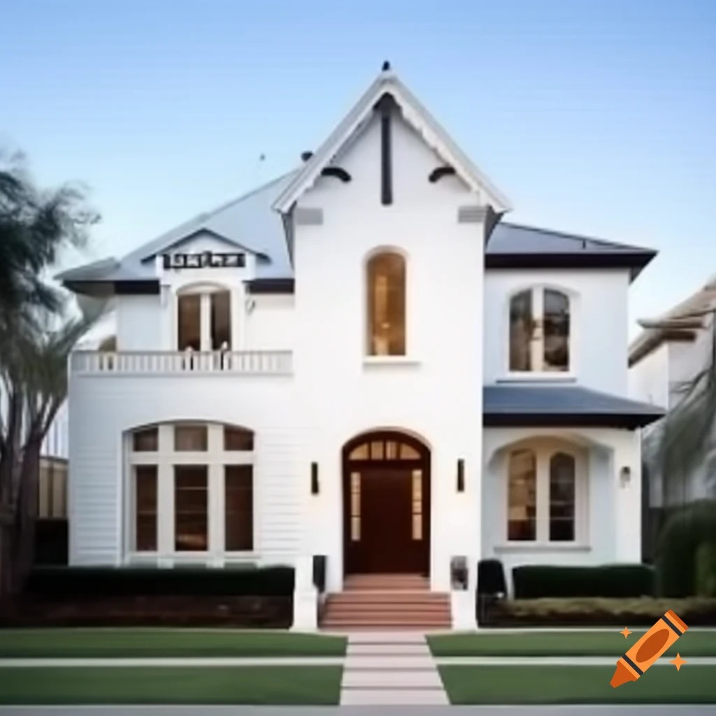 Two story Mediterranean house with white brick and arched windows