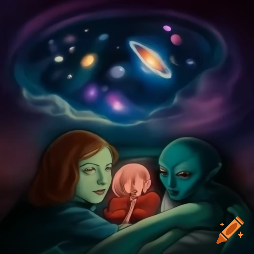 Surreal cosmic scene with aliens, amphitheater, and dream imagery