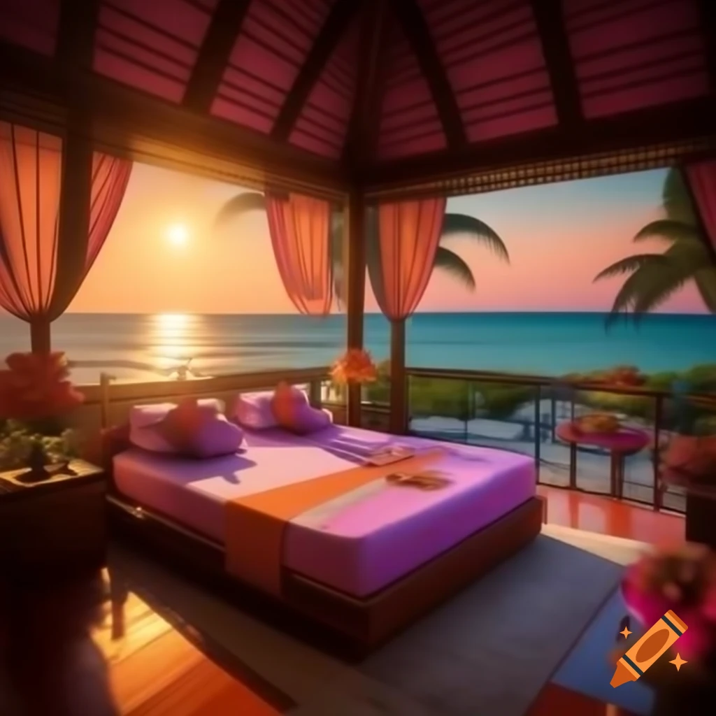 Luxurious king bed in tropical resort during vibrant sunset