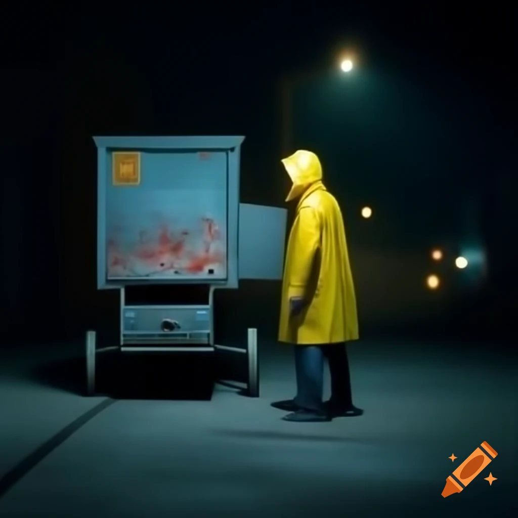 Mysterious person in yellow raincoat near truck cart in dark alley