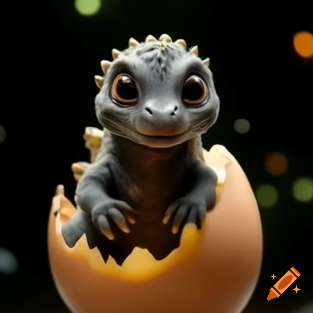 Close-up of adorable Godzilla hatching from an egg with soft lighting