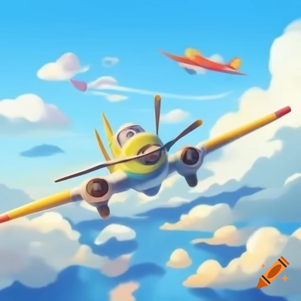 Colorful kids' airplane flying through clouds in the sky