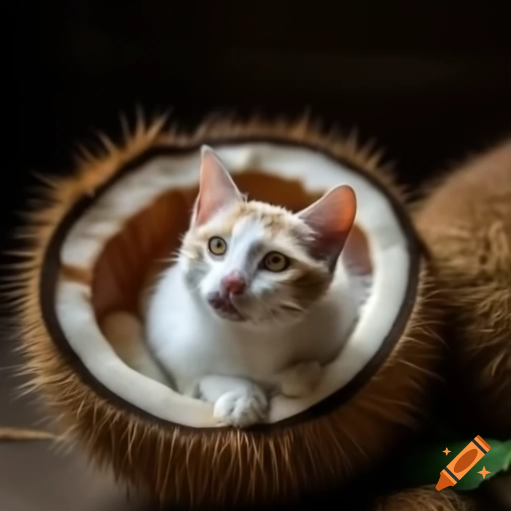 Cat resting inside a coconut