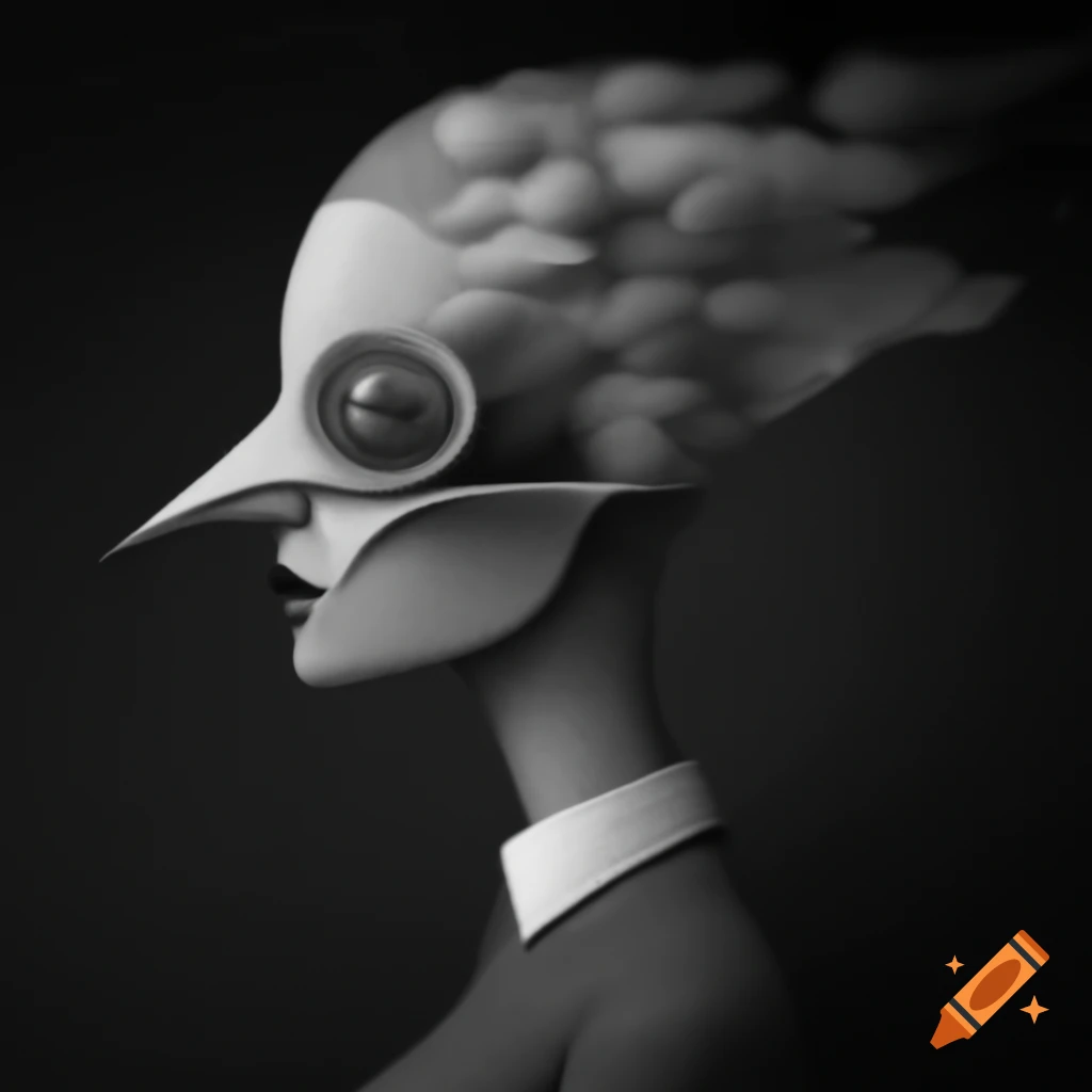 Surrealist monochrome artwork featuring abstract elements