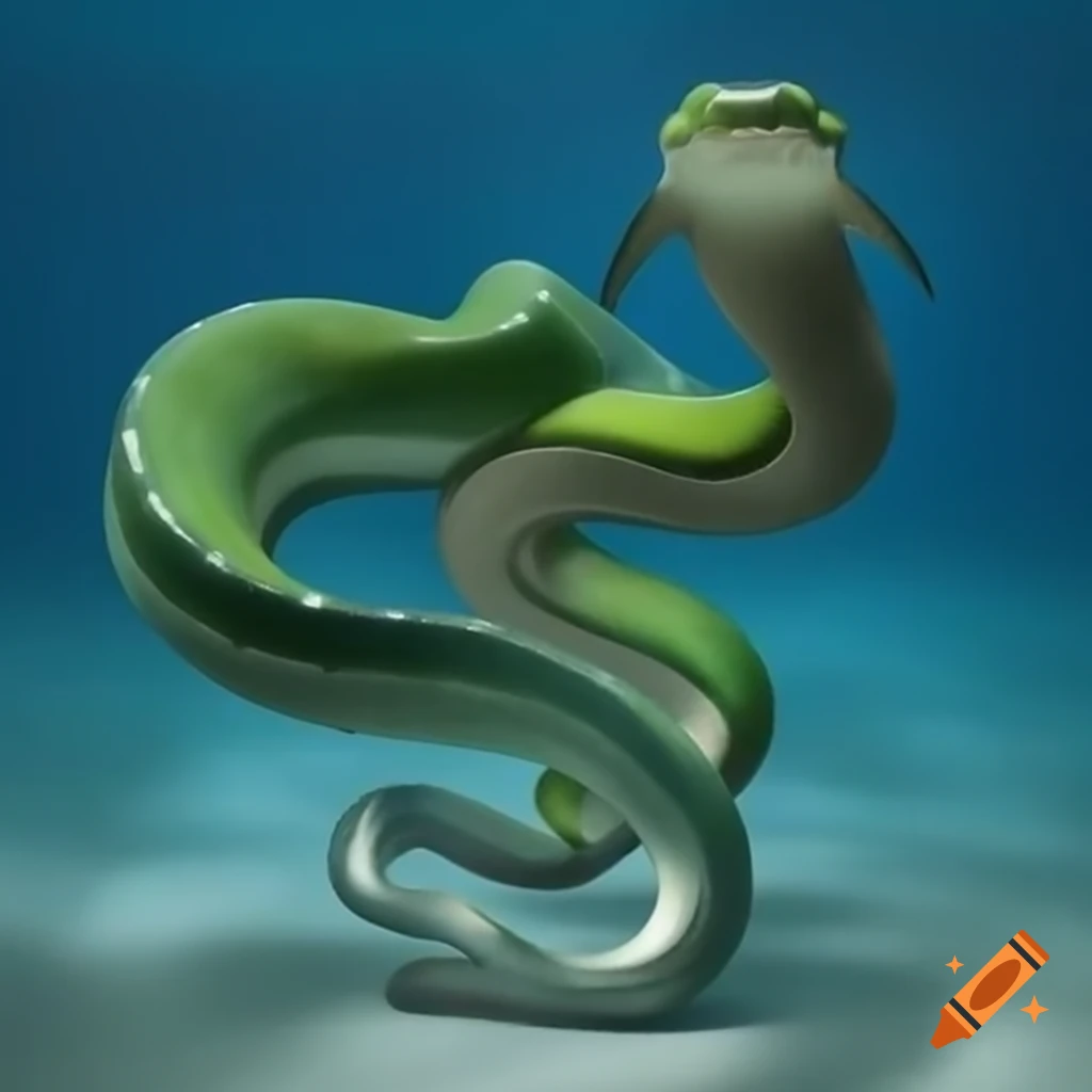 Hybrid creature with goanna legs, snake body, emerald tree boa head, and shark fins
