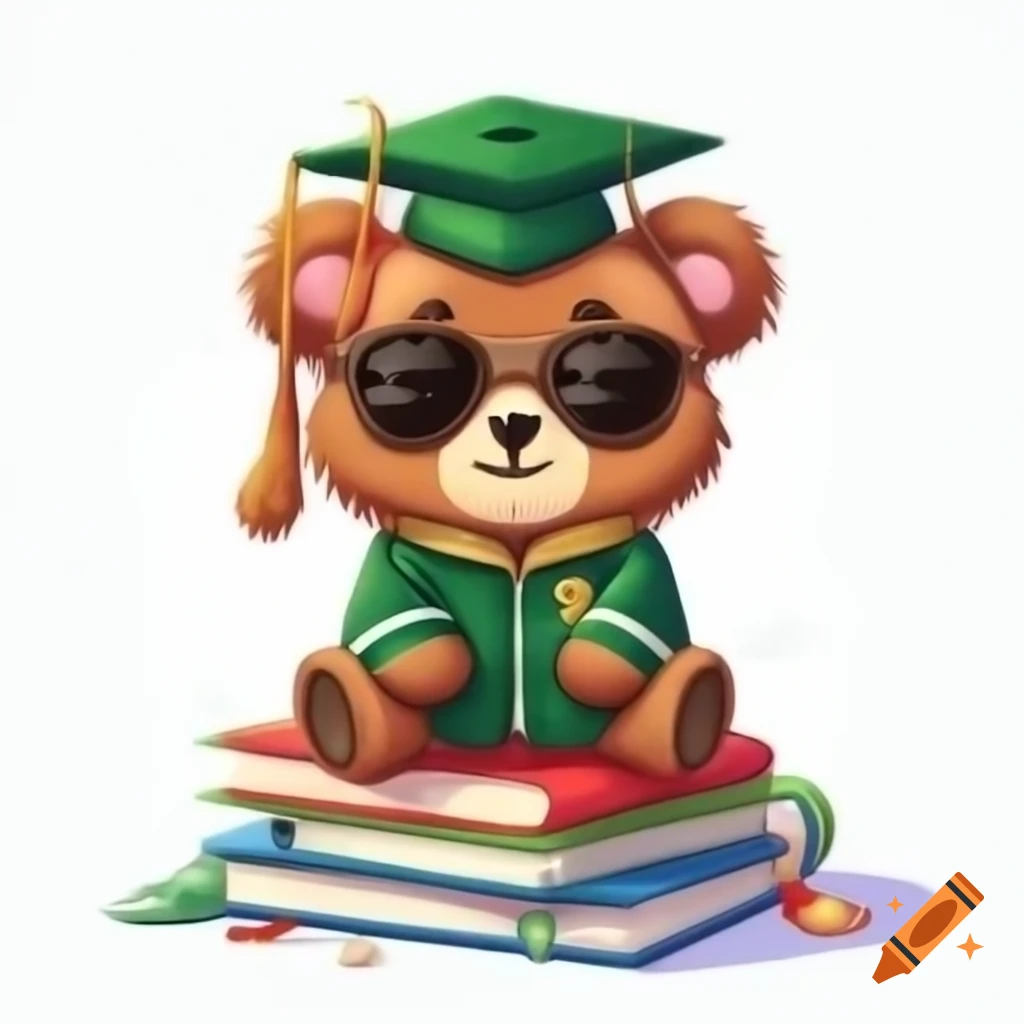 cartoon-brown-bear-in-sunglasses-and-graduation-cap-standing-on-books