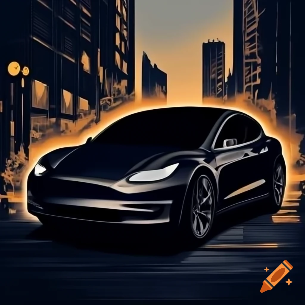 Dark gray Tesla Model Y on city street during golden hour