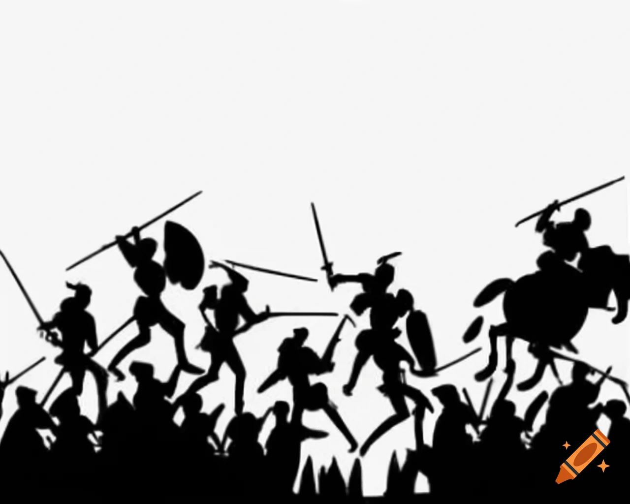 Black silhouette depicting a medieval battle on white background
