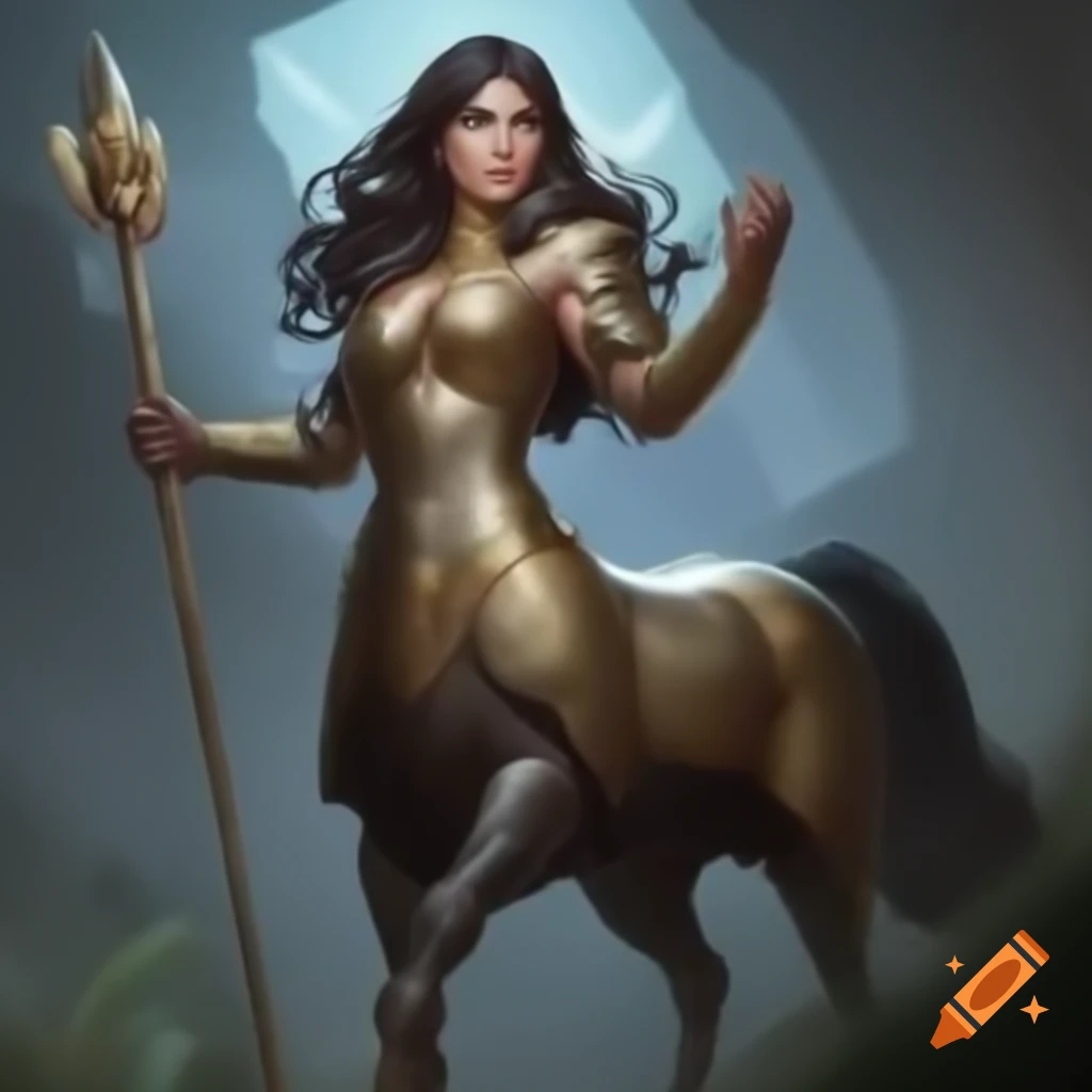 Female centaur in gold and silver armor wielding a glaive