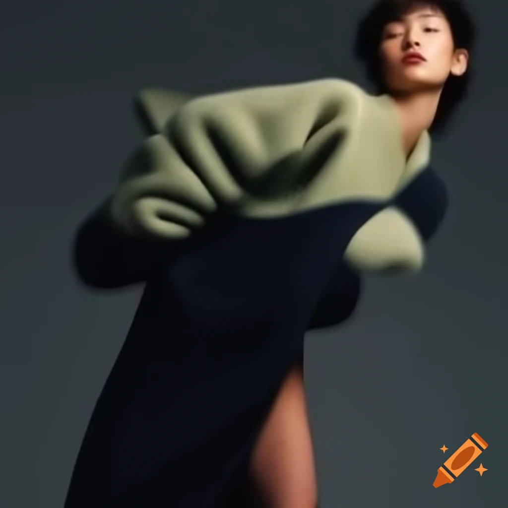 Asian model in oversized fleece clothing, fashion fitting, low resolution