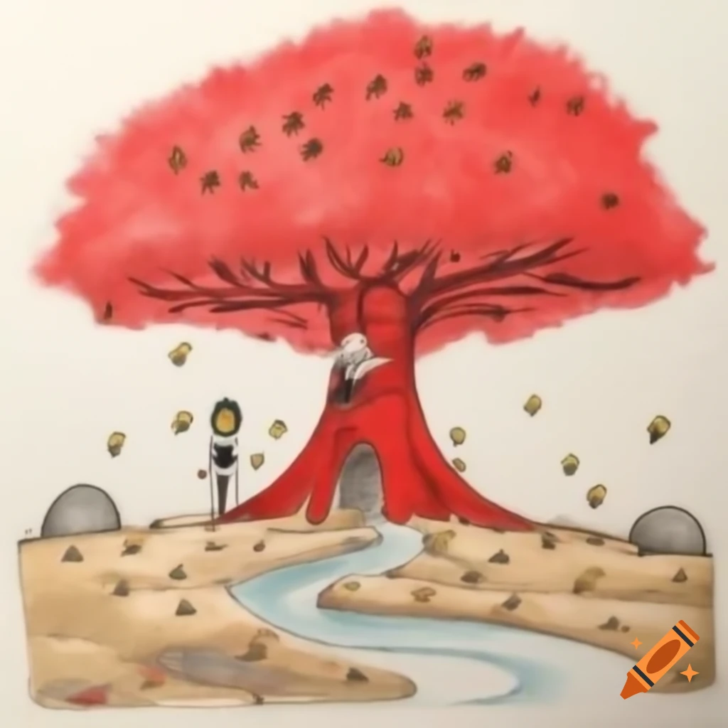 Child's drawing of Maggie in town with bees and old red gum tree by river