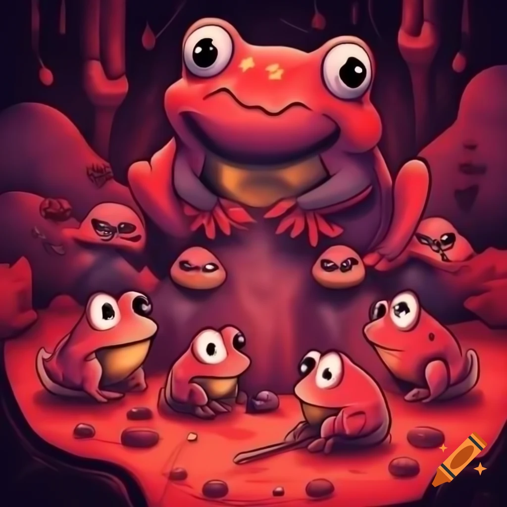 Cute devil horned frogs in anime style with red and purple hell scenery