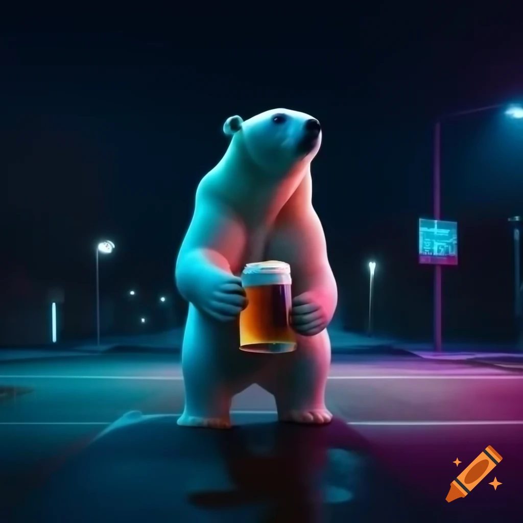Polar bear holding beer glass in neon-lit night street