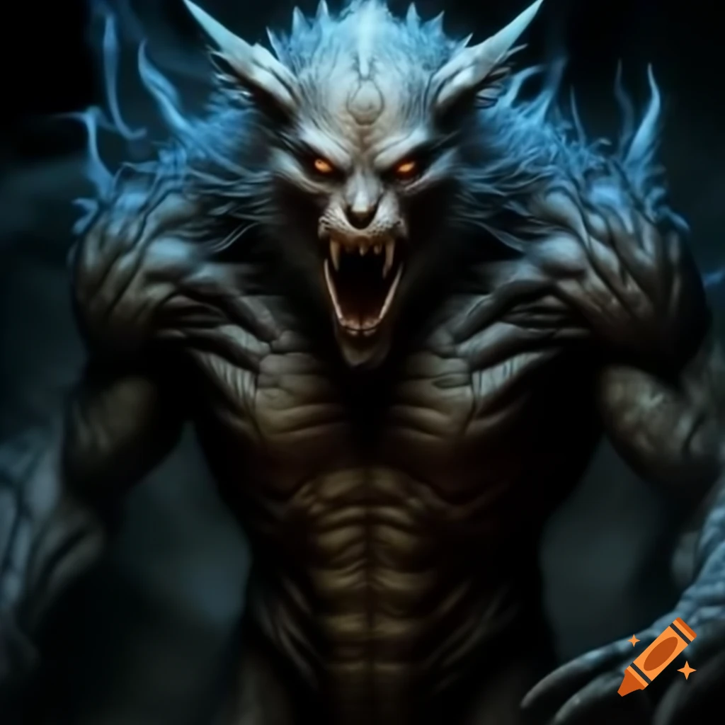 Menacing creature with glowing blue highlights, sharp teeth and claws