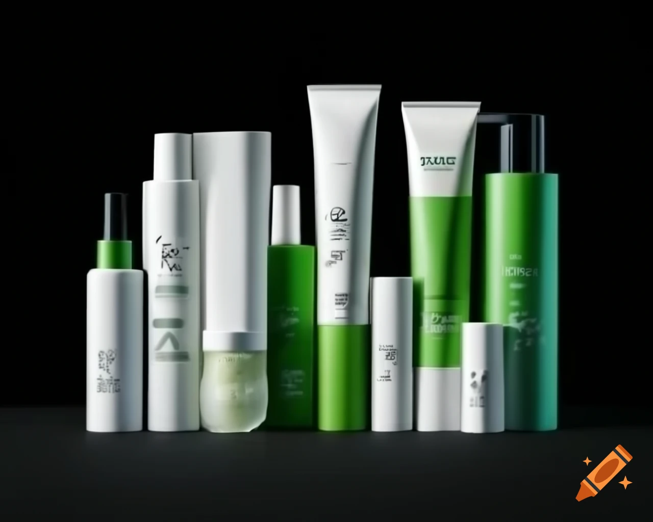 Cosmetic products in white and green tones displayed on black background