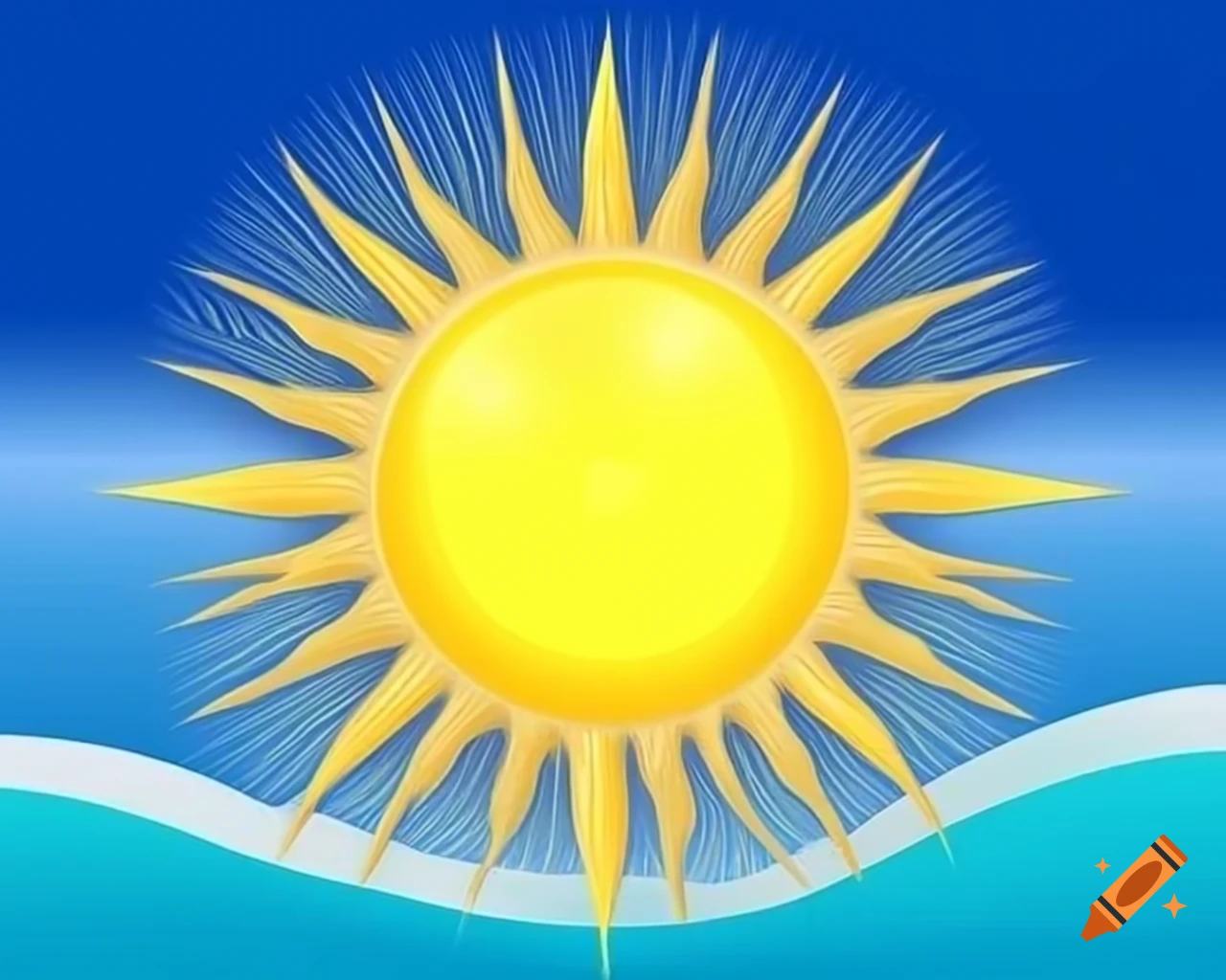 Vibrant sun with golden flashes against a blue background resembling a