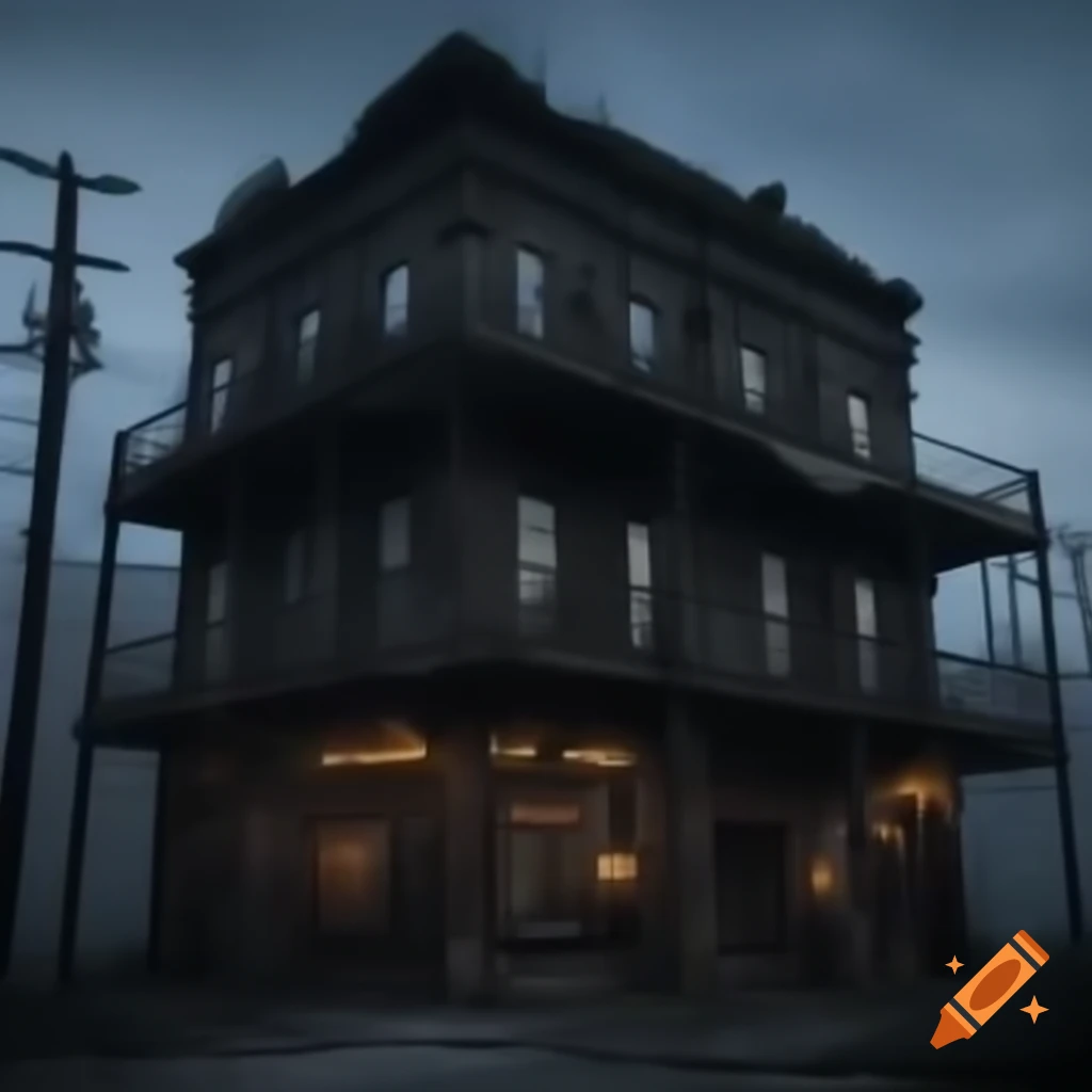 Post-apocalyptic pub with connected apartment block, run down interior, late afternoon lighting