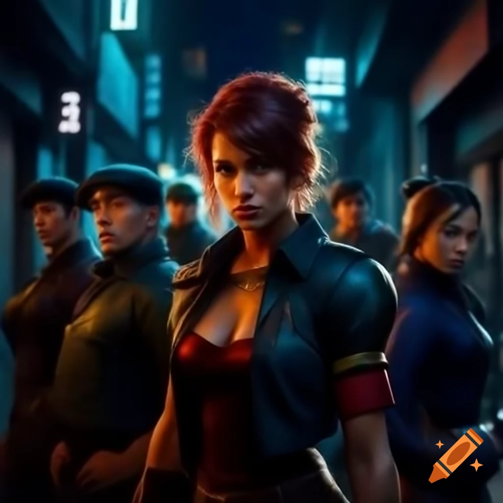 Cammy from Street Fighter battling Shadaloo members in a dark alley with dramatic lighting