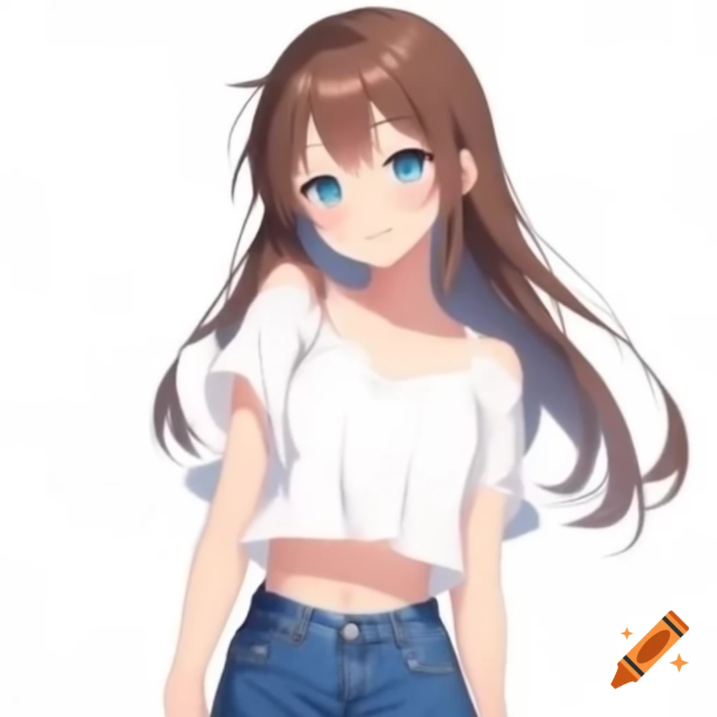 Anime girl in white crop top and blue shorts with long brown hair and blue eyes
