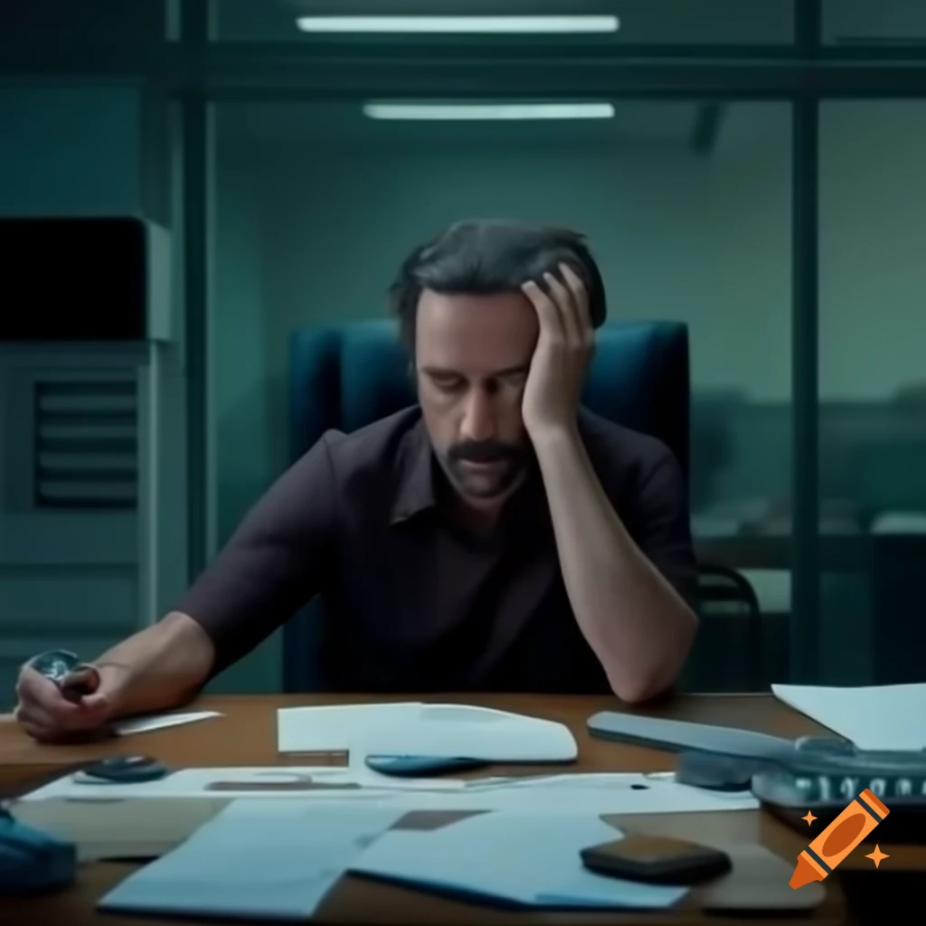 Worried person Juan sitting at cluttered desk in modern office