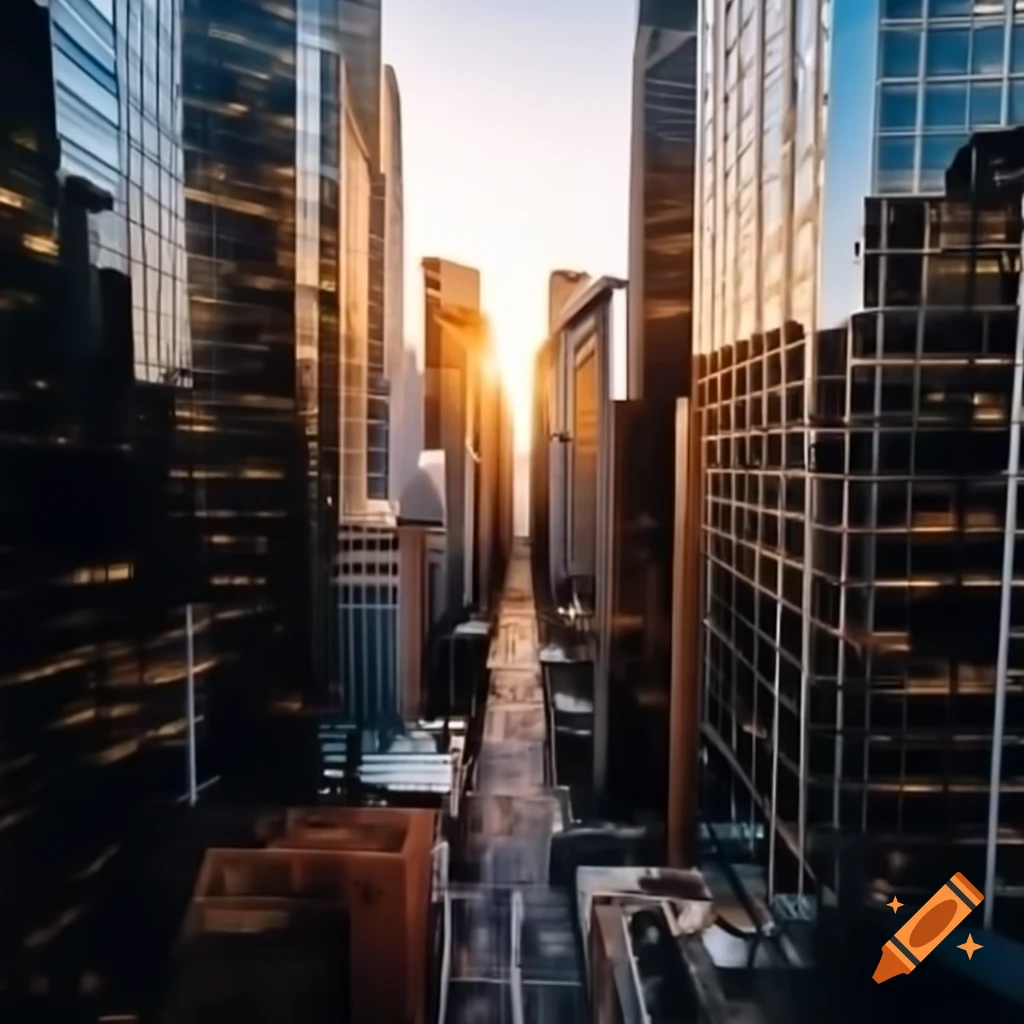 Sprawling cityscape at dawn with high-rise buildings and reflections of sunlight