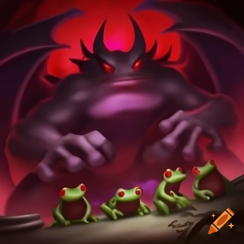 Anime depiction of devil horned frogs in a red and purple themed hell scenery