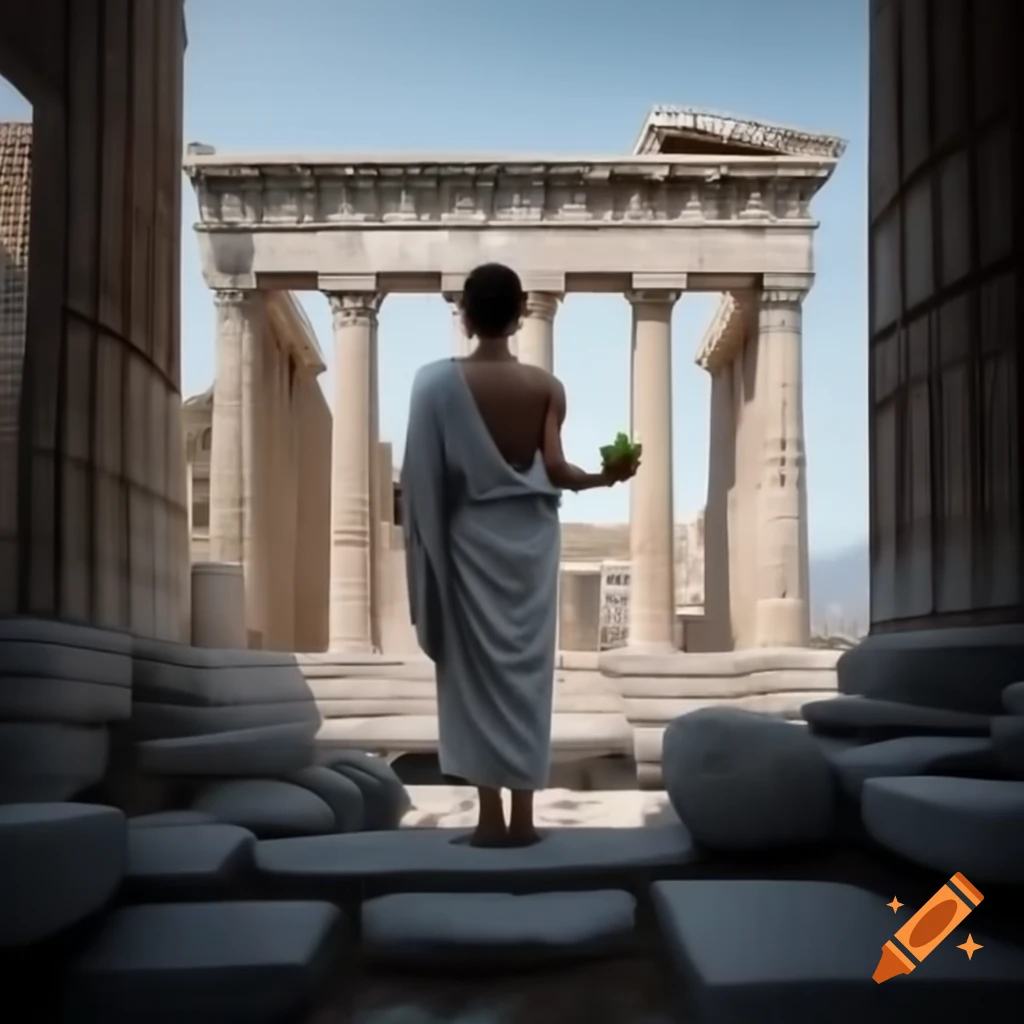 Young woman in toga in Greek temple ruins holding an apple