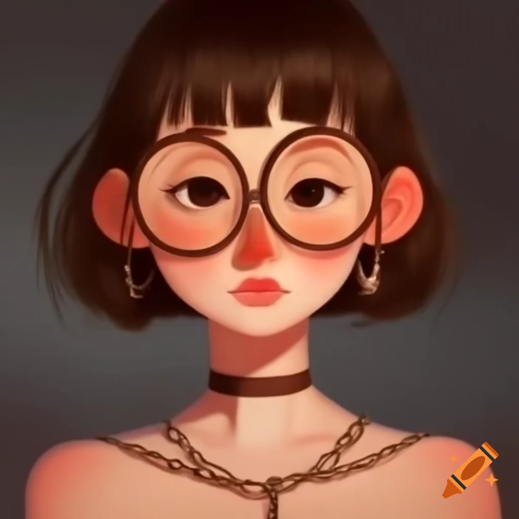 Woman with round face and glasses, wearing chains