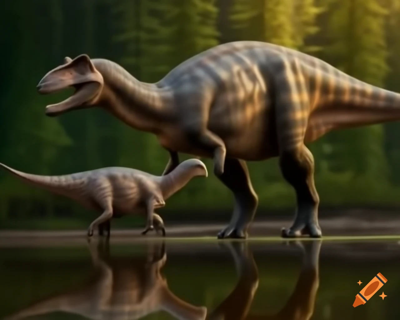 Brown and grey striped hadrosaurus on muddy bank of lake in British Columbia