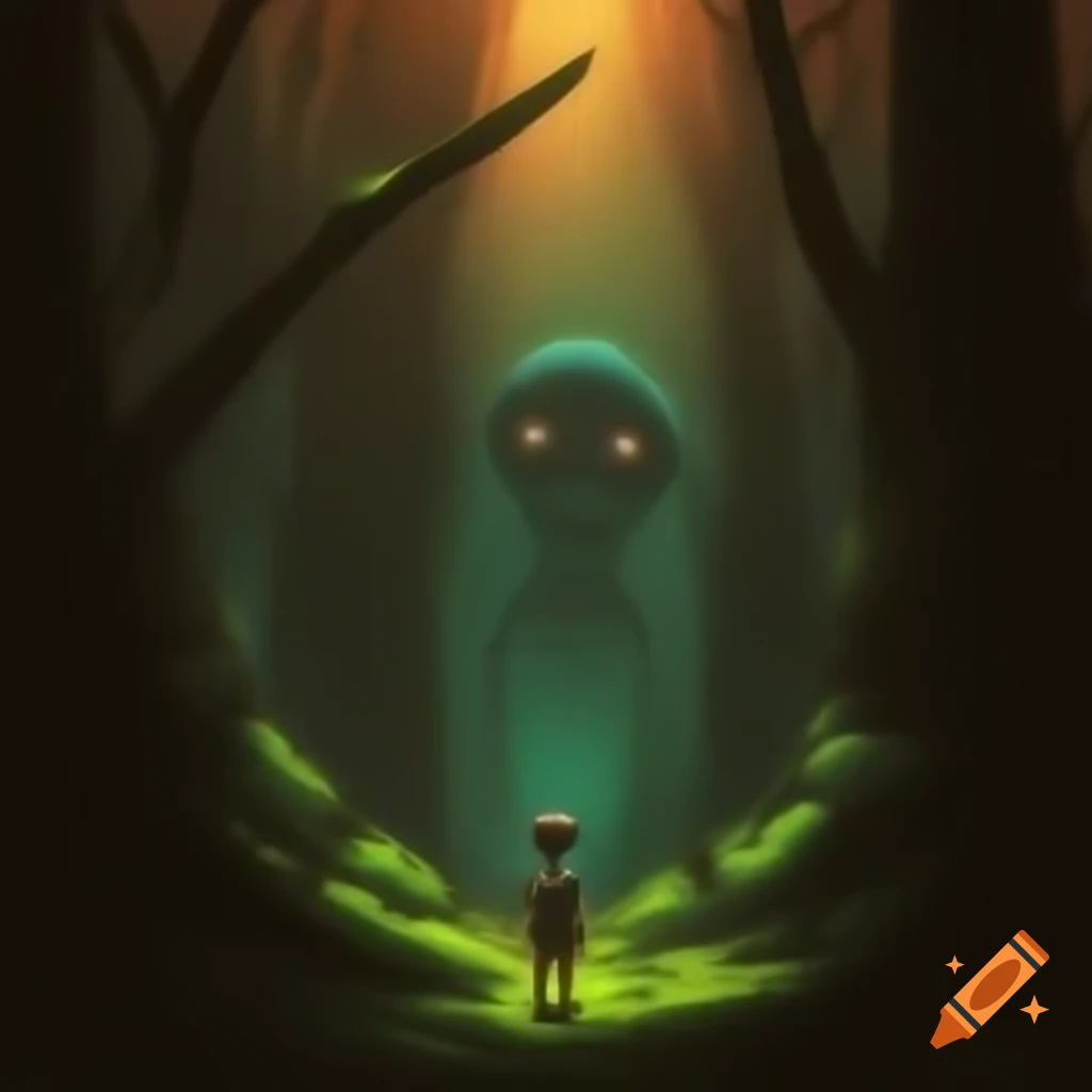 Boy in obscure forest inspired by futurism