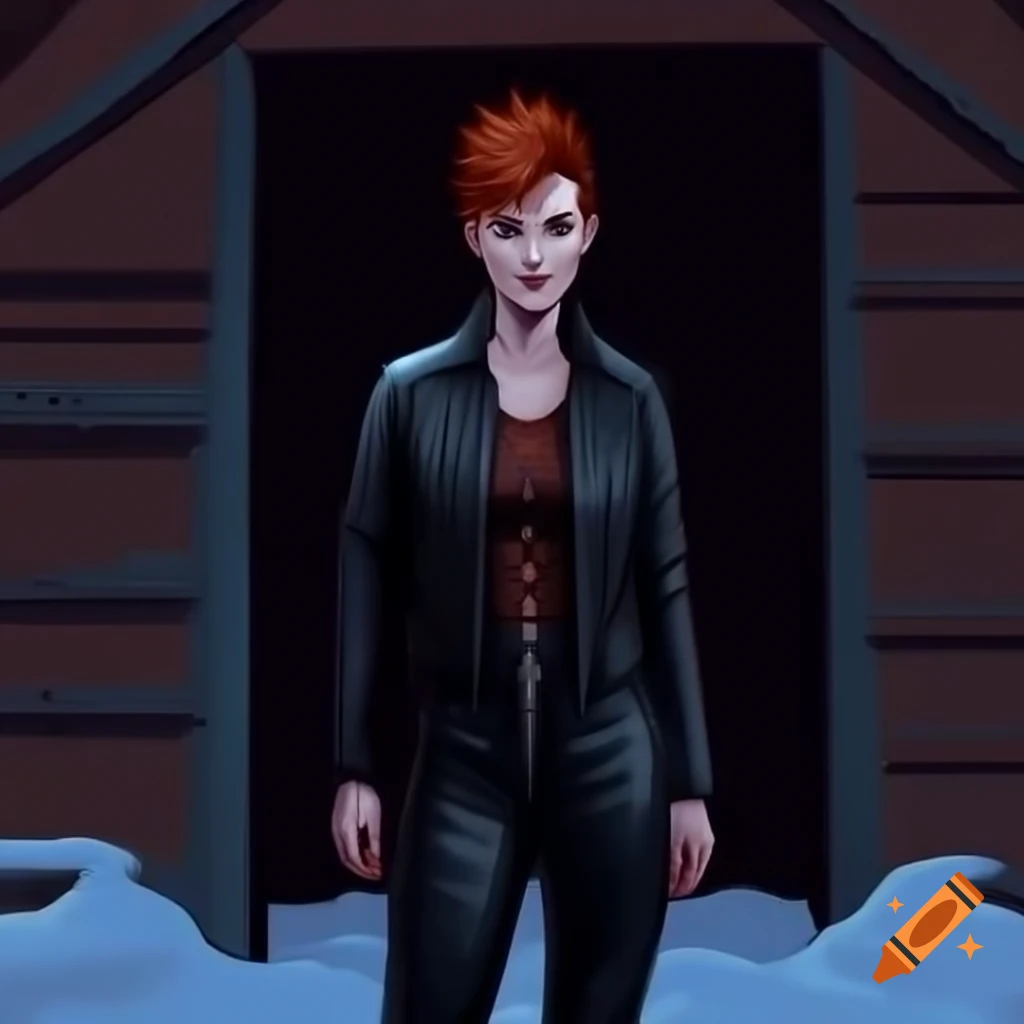 Punk rocker with mohawk hairstyle, black leather jacket and trousers, relaxed pose