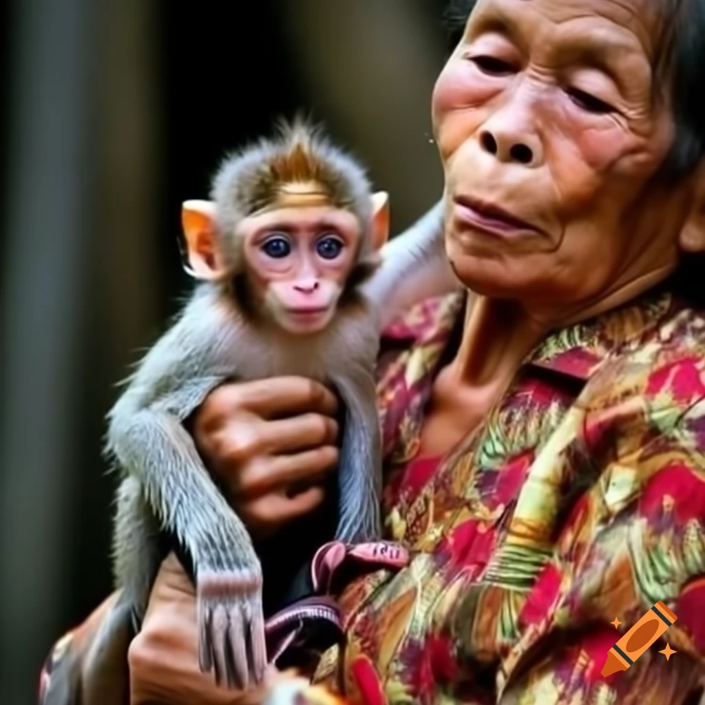 Baby monkey showing respect to elderly woman in Thai-patterned dress