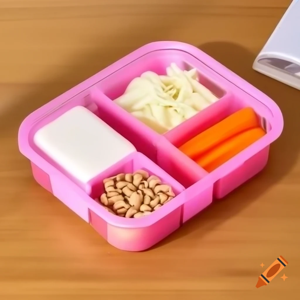 Pink plastic lunch box divided into four sections with various types of food