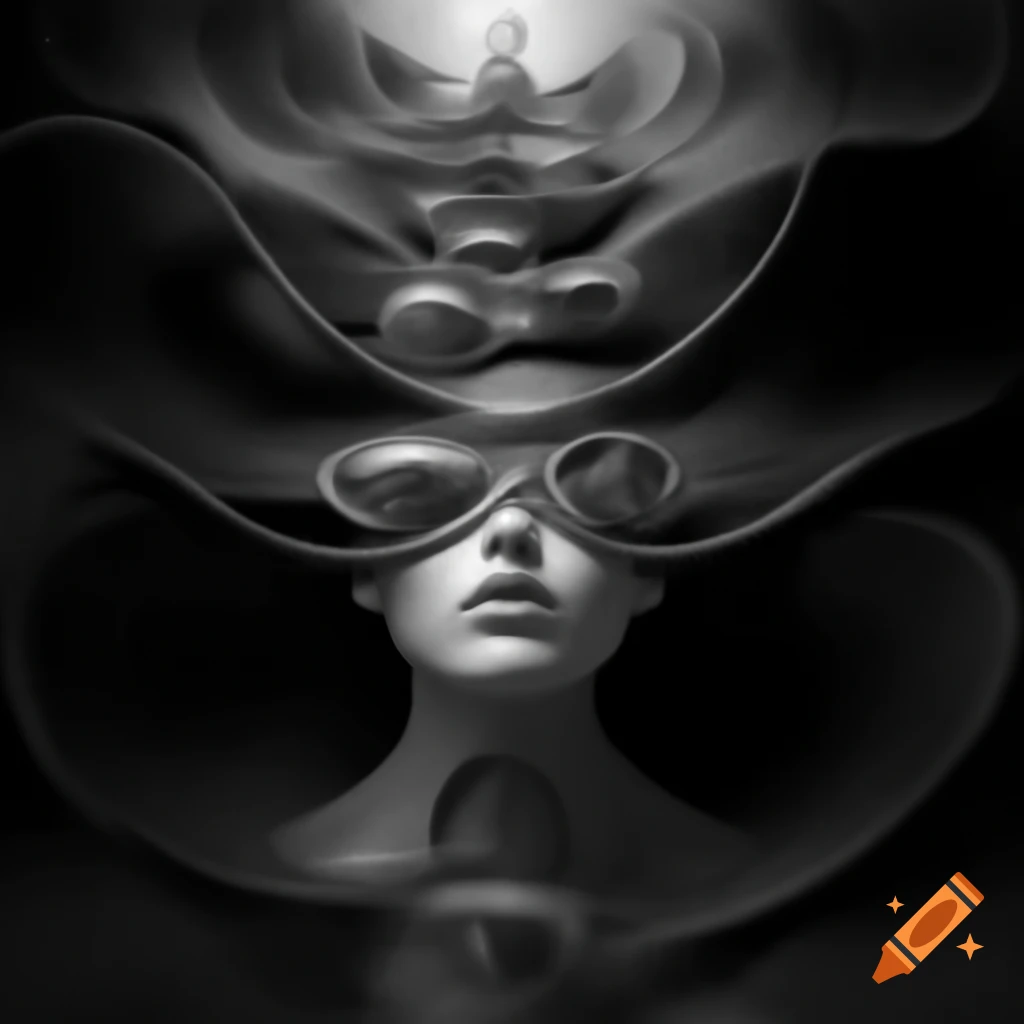 Surrealist monochrome artwork with abstract features