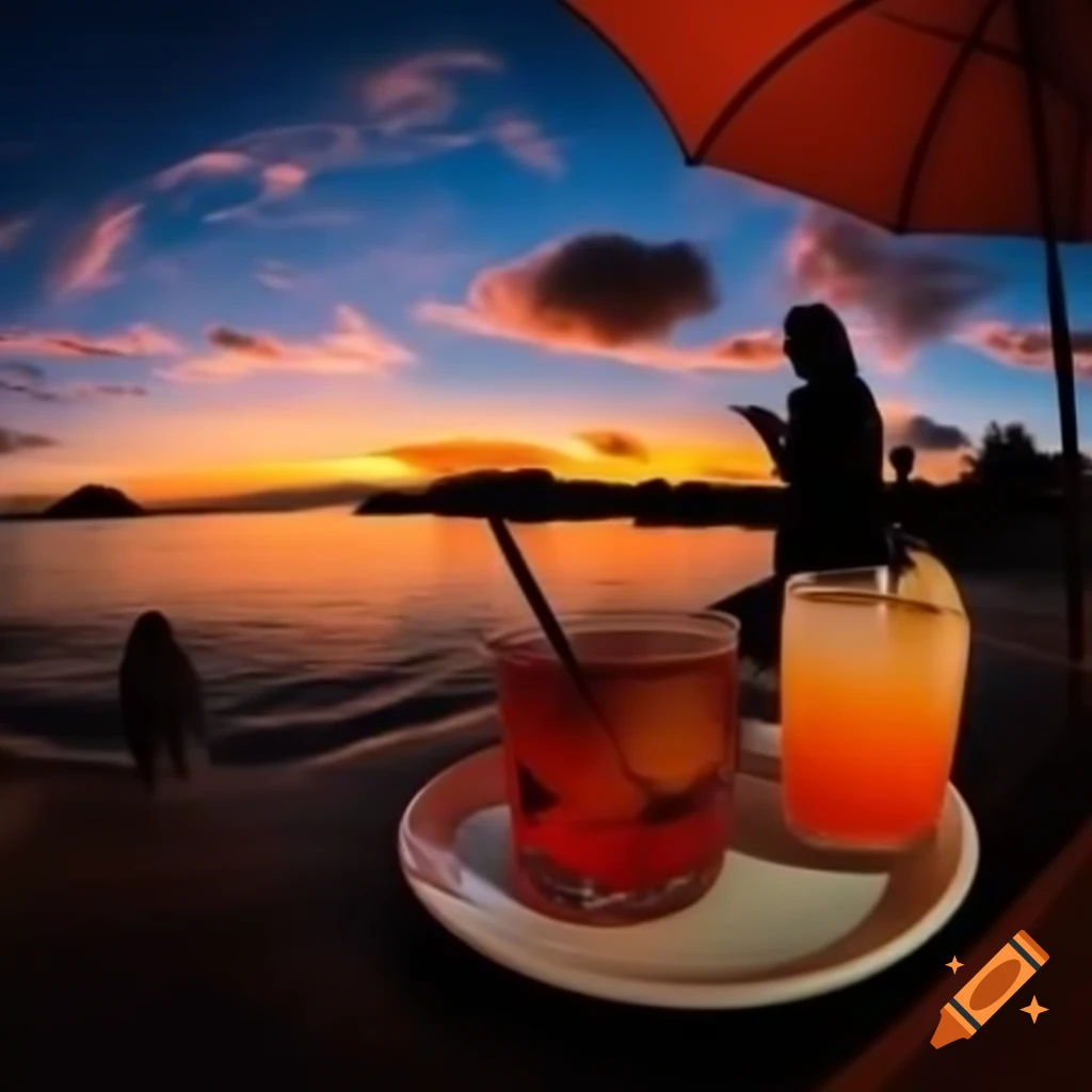 Sunset on a plate depicting orange and blue sky with a young Tahitian woman enjoying a cocktail