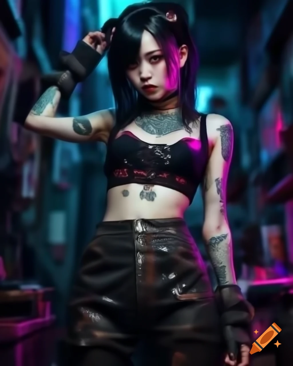 Punk-inspired young woman in dystopic fashion with lowrise pants and crop top