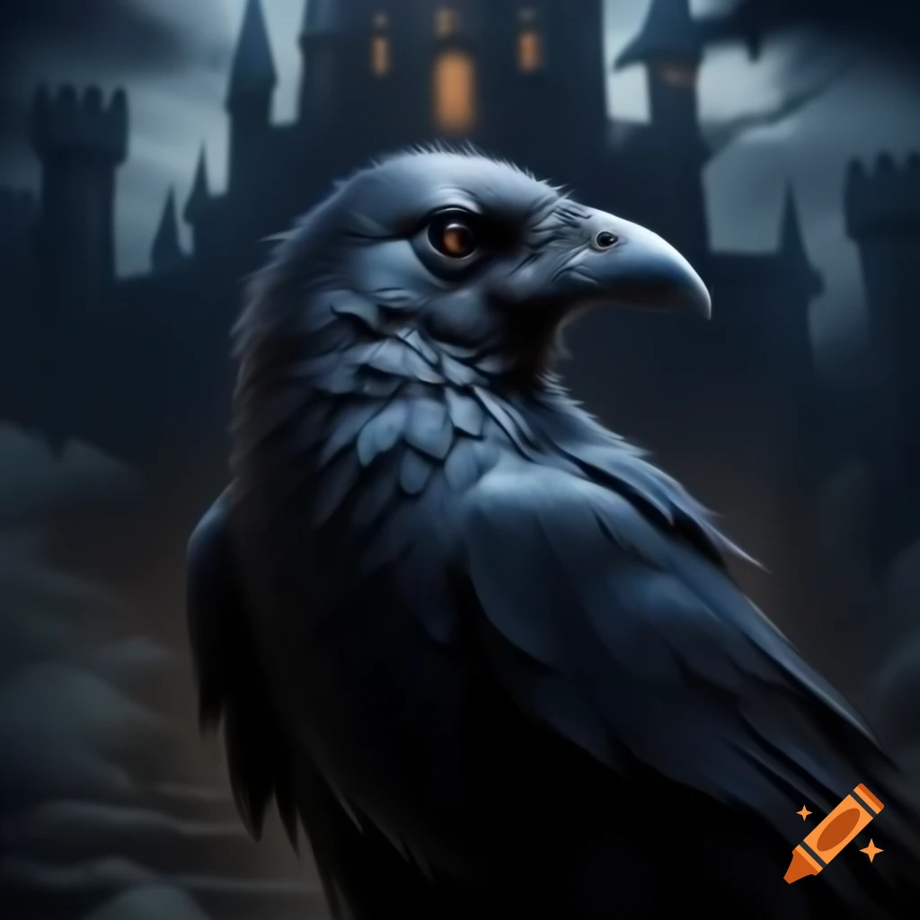 Raven in front of large castle with dark fantasy style and retro textures