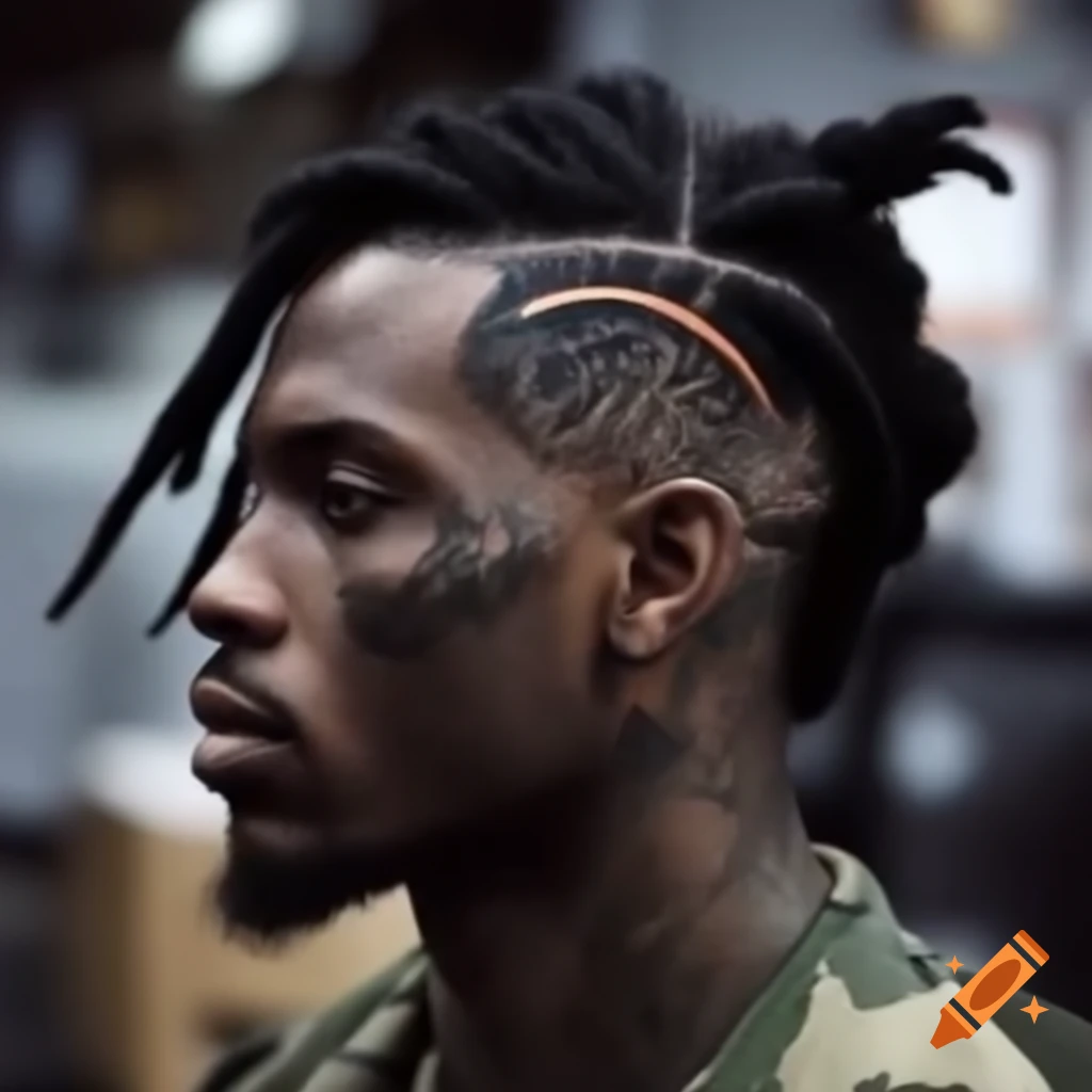 Black male with dreadlock mohawk and military tattoos facing the camera