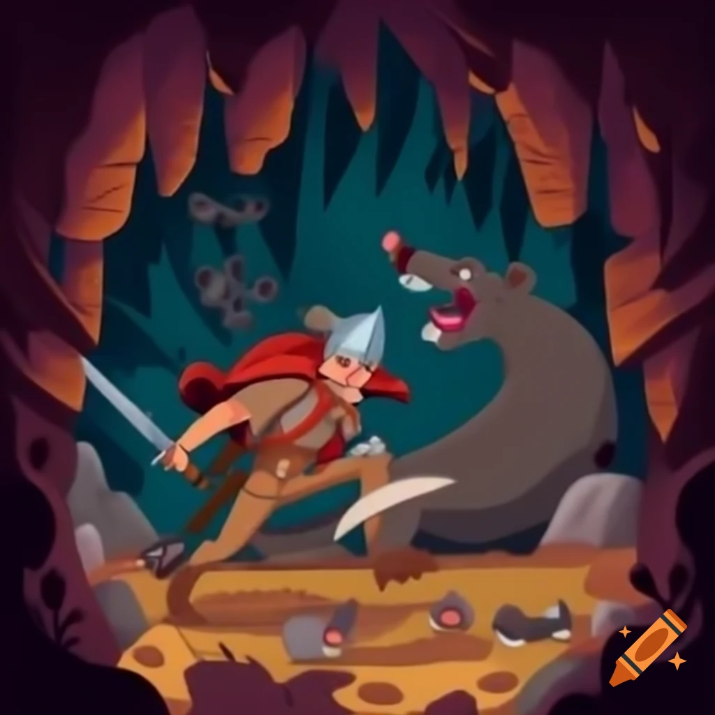 Knight battling giant rats in a dark cave