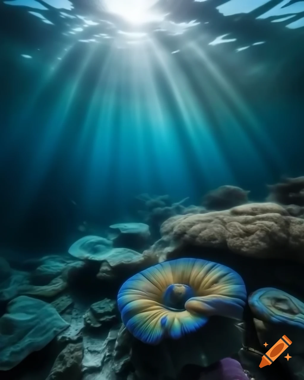 Mystical saltwater mountain lake in ocean with colorful fish and coral