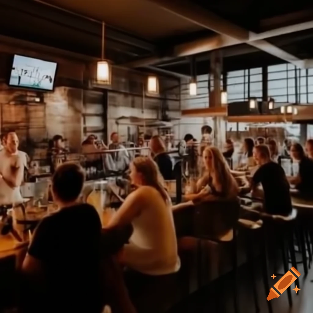 Lively brewery taproom filled with happy customers