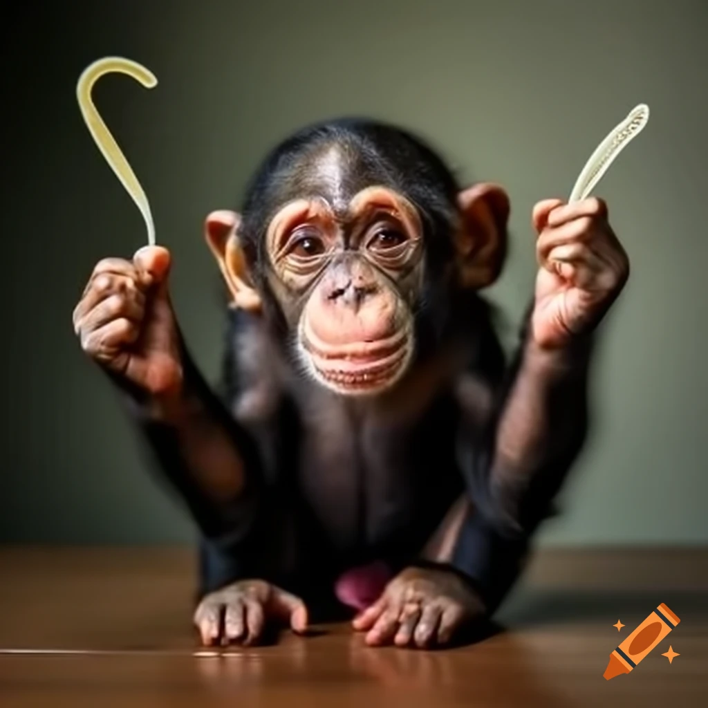 Baby chimpanzee in a diaper dancing the floss on a table