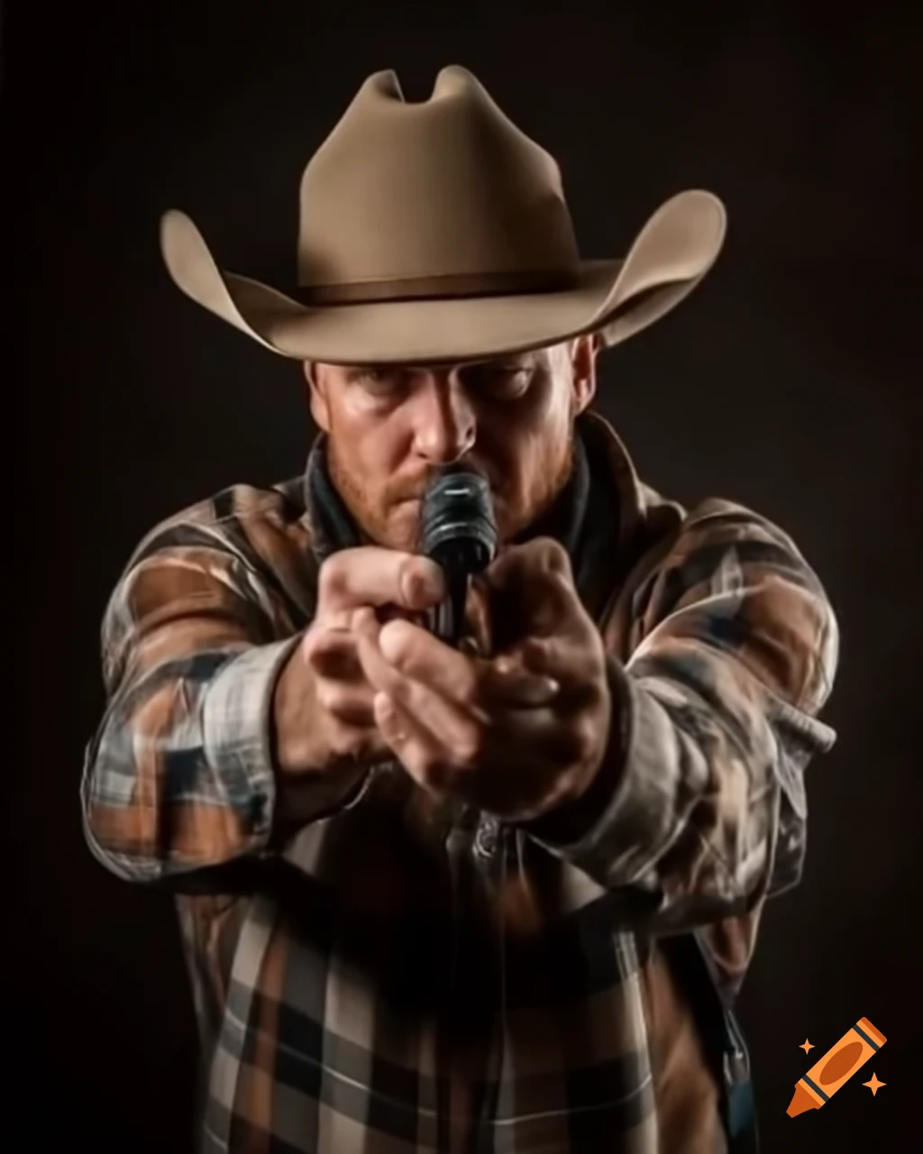 Cowboy aiming gun forward in a dramatic shootout