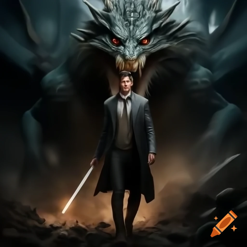 Warrior with two swords illuminated in darkness, dragon in background