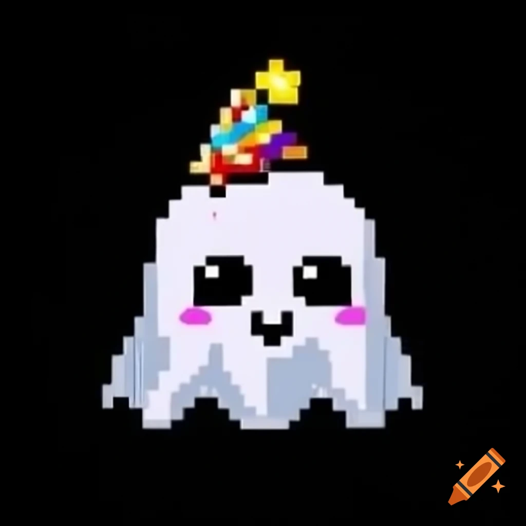 Pixel ghost emoji wearing birthday hat on black background