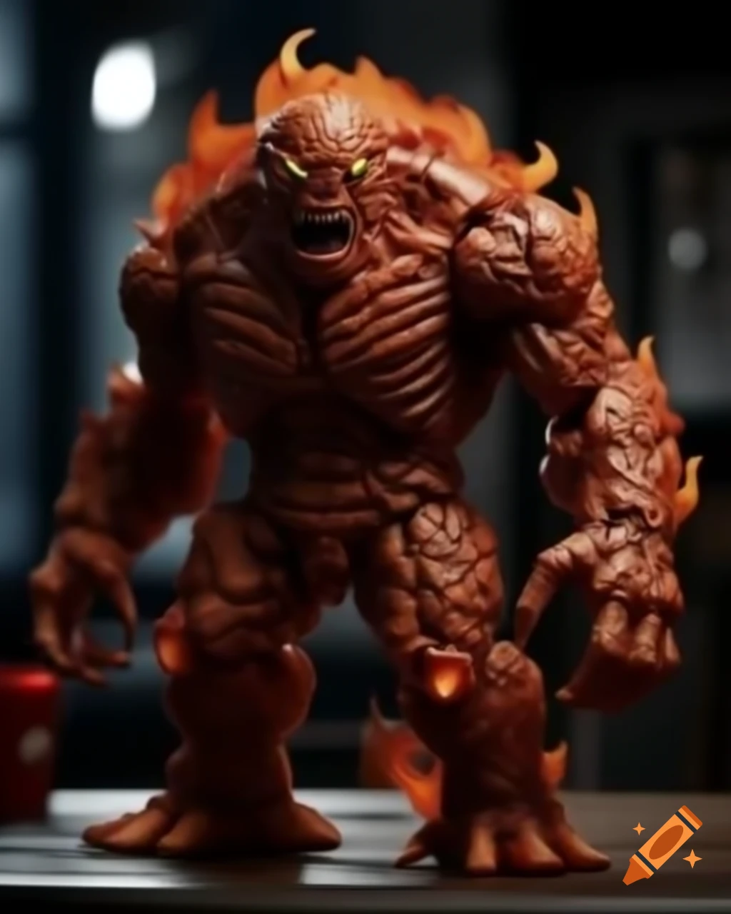 Giant fire golem action figure with plastic details on a table