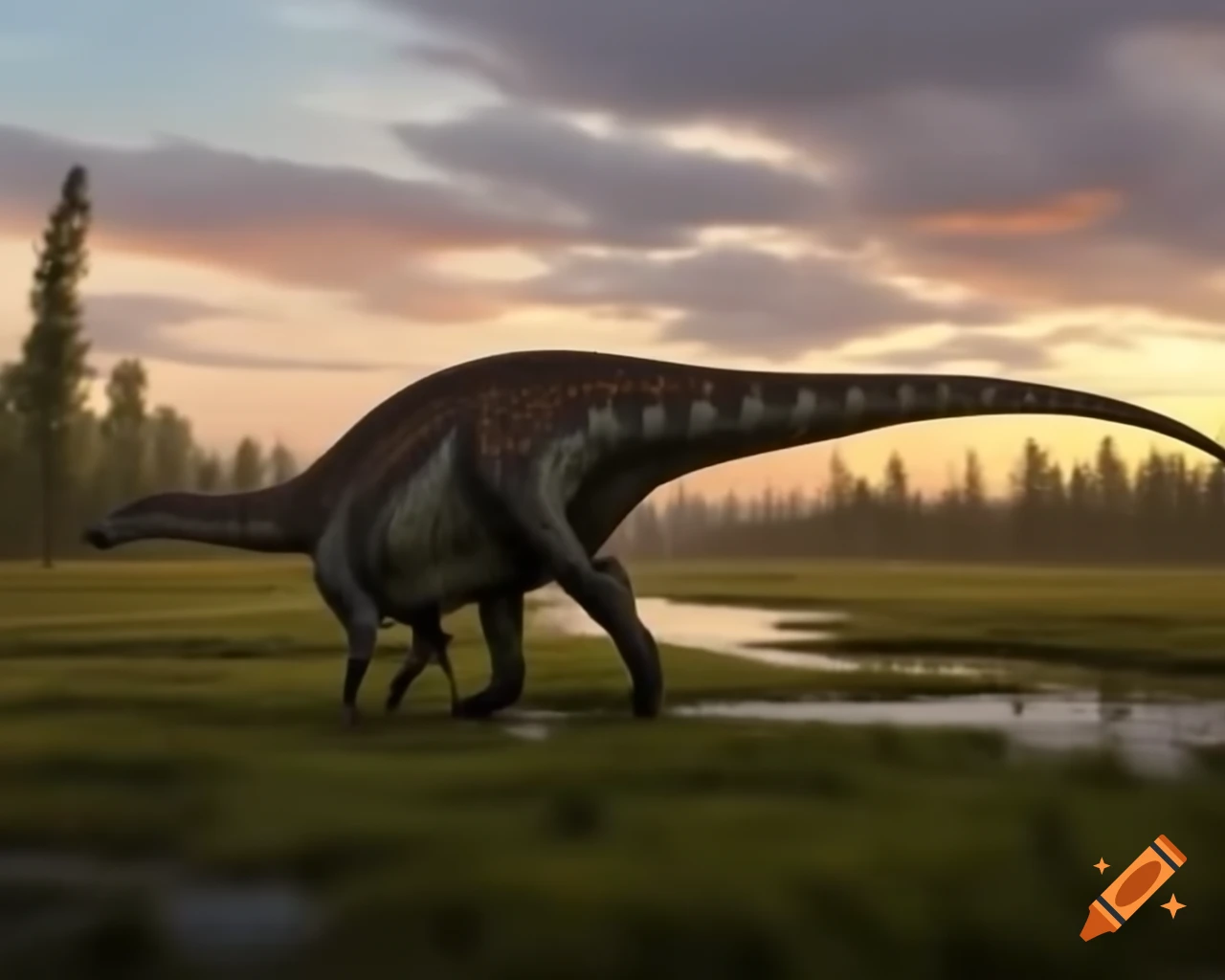 Hadrosaurus moving through marshland during golden hour