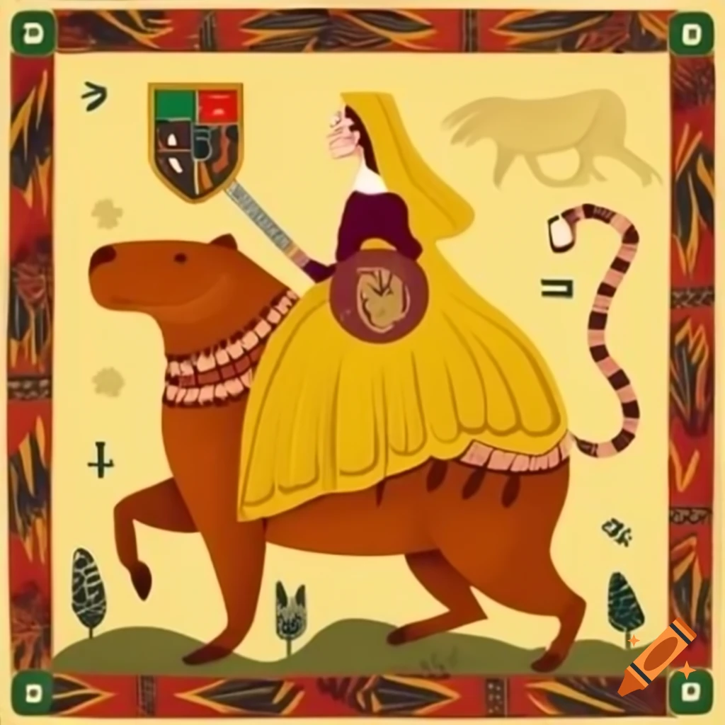 Italian woman in yellow gown riding capybara with tiger sigil shield in medieval tapestry style